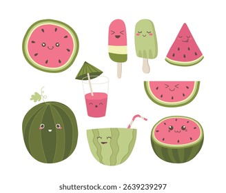 Happy watermelon summer treats, snacks and drinks kawaii cartoon characters isolated set on white background. Delightful fruit berry sweet food ice-cream, cocktail, juicy slice vector illustration