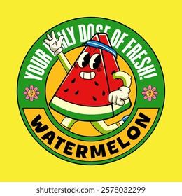 Happy Watermelon Tropical Summer Vibes Cartoon Character in Retro Vintage Style