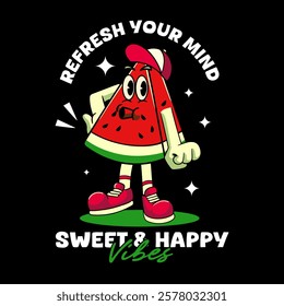 Happy Watermelon Tropical Summer Vibes Cartoon Character in Retro Vintage Style