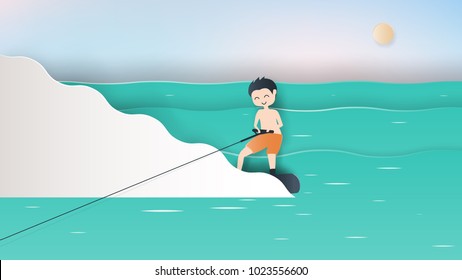Happy waterskier riding wakeboard on wave in ocean, paper art/paper cutting style