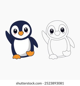 A happy waving penguin in flat design and line art, no shadow, set against a clean white background