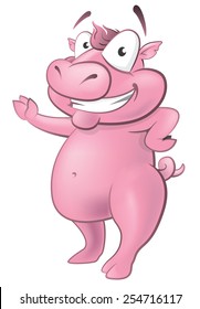 Happy waving pig character. 