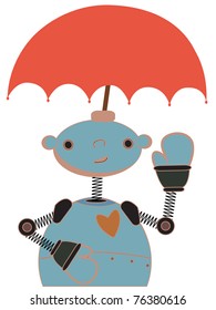Happy waving robot with red umbrella attached to head