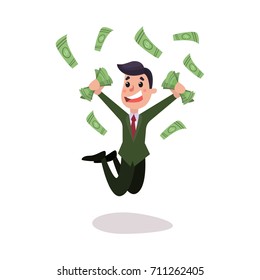 Happy wealthy businessman character jumping under money rain colorful vector Illustration