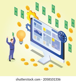 Happy web designer makes money online 3d isometric vector illustration concept for banner, website, landing page, ads, flyer template