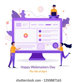 Happy Webmasters Day. A team of web developers build a website. Holiday card. Flat vector illustration.