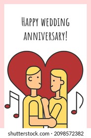 Happy wedding anniversary greeting card with color icon element. Marriage compliments. Postcard vector design. Decorative flyer with creative illustration. Notecard with congratulatory message