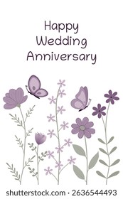 Happy Wedding Anniversary. Greeting card with purple flowers and butterflies.