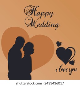 Happy wedding background. Married couple silhouette illustration