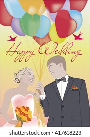 happy wedding ballons men woman flowers birds vector illustration