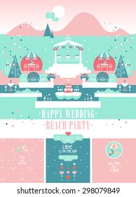 Happy Wedding Beach Party Vector Set. Landscape with vintage decoration elements and 3 designs of invitation cards.
