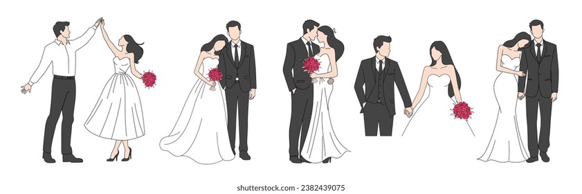 Happy wedding bride and groom at wedding ceremony. Beautiful couple in wedding clothes , couple with beauty wedding bouquet vector illustration