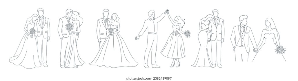 Happy wedding bride and groom at wedding ceremony. Beautiful couple in wedding clothes, couple with beauty wedding bouquet line art