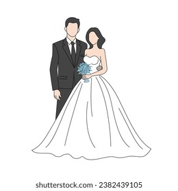 Happy wedding bride and groom at wedding ceremony. Beautiful couple in wedding clothes , couple with beauty wedding bouquet vector illustration