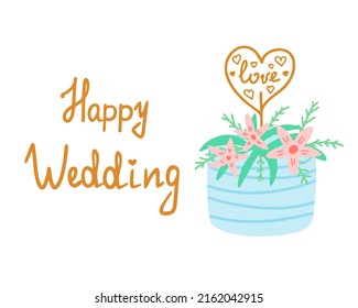 Happy wedding. Wedding cake. Vector Illustration for printing, backgrounds, covers, packaging, greeting cards, posters, stickers, textile and seasonal design. Isolated on white background.