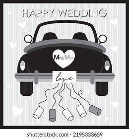 Happy wedding card design with black car and heart shape