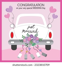 Happy wedding card design with wedding car and heart