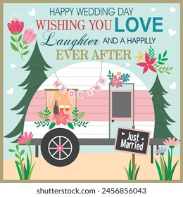 Happy wedding card design with caravan, lettering and flowers