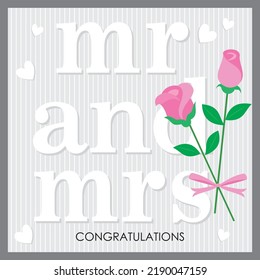 Happy wedding card with mr and mrs text and rose flower