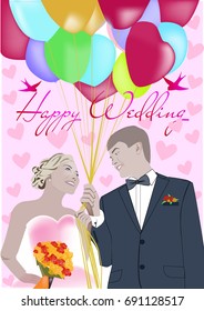 Happy wedding card woman men air balloon hearts flowers vector illustration 