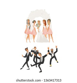 Happy wedding ceremony at the ceremonial arch in flat cartoon style. Young bride with bridesmaids, joyful groom with dancing groomsmen, best man. Wedding set of isolated vector illustratioun.