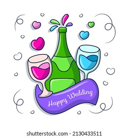 Happy wedding Cheers drink colored Hand drawn doodle clipart