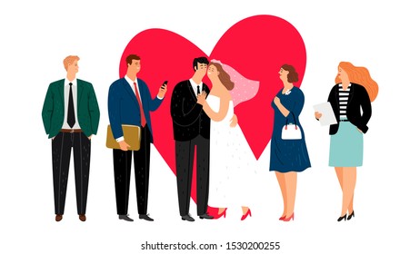 Happy wedding concept. Happy newlyweds. Vector bride, groo and guests. Just married illustration