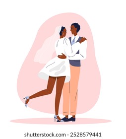 Feliz pareja de bodas. Un hombre afroamericano de traje y una mujer de vestido blanco se abrazan. Novia y novio, marido y mujer. Ceremonia de matrimonio. Ilustración vectorial plana aislada sobre fondo blanco