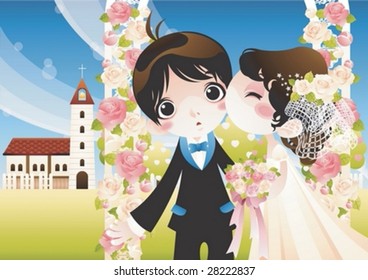 Happy Wedding Couple in beautiful romantic garden - kissing cute young married couple on a background of blue sky and sweet pink rose ornament