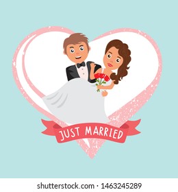 Happy wedding couple bride and groom. Just married couple, happy groom is holding bride, big pink heart frame. Cartoon wedding illustration.