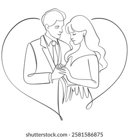 happy wedding couple Line art style vector illustration