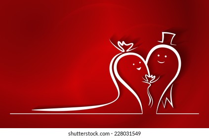 Happy Wedding Couple Line Drawing. Two abstract line characters in love, smiling, dressed up for wedding ceremony, creating a heart shape. Colorful red background.