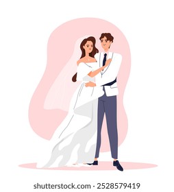 Feliz pareja de bodas. Hombre de traje y mujer de vestido blanco se abrazan. Novia y novio, marido y mujer enamorados. Familia de recién casados. Ceremonia de matrimonio. Ilustración vectorial plana aislada en blanco