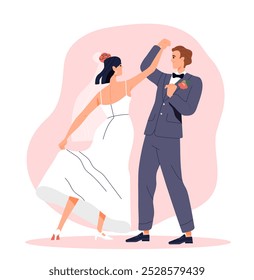 Feliz pareja de bodas. El hombre en traje y la mujer en vestido blanco bailan juntos. Novia y novio, marido y mujer. Familia recién casada. Ceremonia de matrimonio. Ilustración vectorial plana aislada sobre fondo