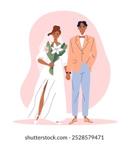 Feliz pareja de bodas. Hombre en traje y mujer en vestido blanco con ramo. Novia y novio, marido y mujer. Compromiso, ceremonia de matrimonio. Ilustración vectorial plana aislada sobre fondo blanco