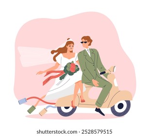 Feliz pareja de bodas. Hombre en traje y mujer con ramo en scooter. Romance y amor. Novia y novio en la ceremonia de matrimonio. Esposo y esposa. Ilustración vectorial plana aislada sobre fondo blanco