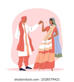 Casal de casamento feliz. Homem e mulher com roupas indianas. Noiva e noivo, marido e mulher. Cerimônia tradicional de compromisso na cultura asiática. Ilustração de vetor plano isolada no plano de fundo branco