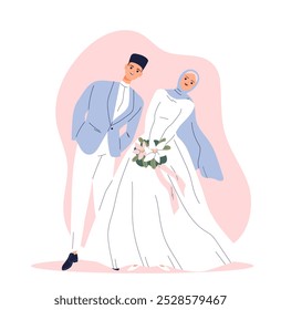 Feliz pareja de bodas. Hombre y mujer con ropa tradicional de boda musulmana. Novia y novio, marido y mujer. Ceremonia de compromiso o matrimonio. Ilustración vectorial plana aislada sobre fondo blanco