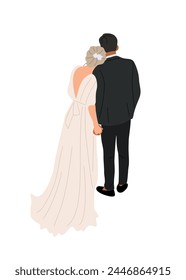 Happy Wedding couple standing rear view isolated.