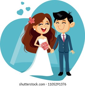 Happy Wedding Couple Vector Invitation. Adorable husband and wife in marriage concept illustration
