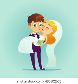 Happy wedding couple.Vector flat illustration.Bride and groom kissing.Romantic happy young lovers dating.Married design.Vectors modern character Valentine's day design item man and woman together.kiss