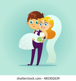 Happy wedding couple.Vector flat illustration.Bride and groom kissing.Romantic happy young lovers dating.Married design.Vectors modern character Valentine's day design item man and woman together.