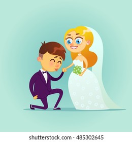 Happy wedding couple.Vector flat illustration.Bride and groom kissing.Romantic happy young lovers dating.Married design.Character Valentine's day design item man and woman together.kisses the hand