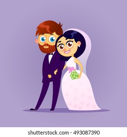 Happy wedding couple.Vector flat illustration.Bride and groom.Romantic happy young lovers dating.Married design.Vectors modern character Valentine's day design,man and woman together.hipster,beard