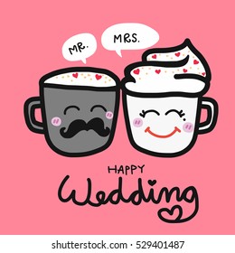 Happy wedding cute couple coffee cup cartoon illustration on pink background