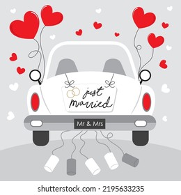 Happy wedding day card with wedding car and heart shapes