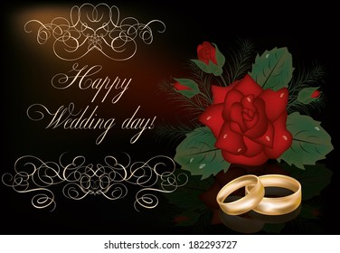 Happy Wedding day card with golden rings, vector illustration 