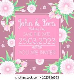 Happy Wedding Day Greeting Card Template. Cute and Soft Floser Design Template. Birthday, Women's Day, Anniversary and so on. Vector illustration
