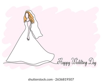 Happy wedding day greeting card. bride in a wedding dress and veil. continuous single one line art drawing sketch, logo