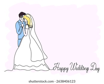Happy wedding day greeting card. groom and bride in a wedding dress and veil. continuous single one line art drawing sketch, logo
